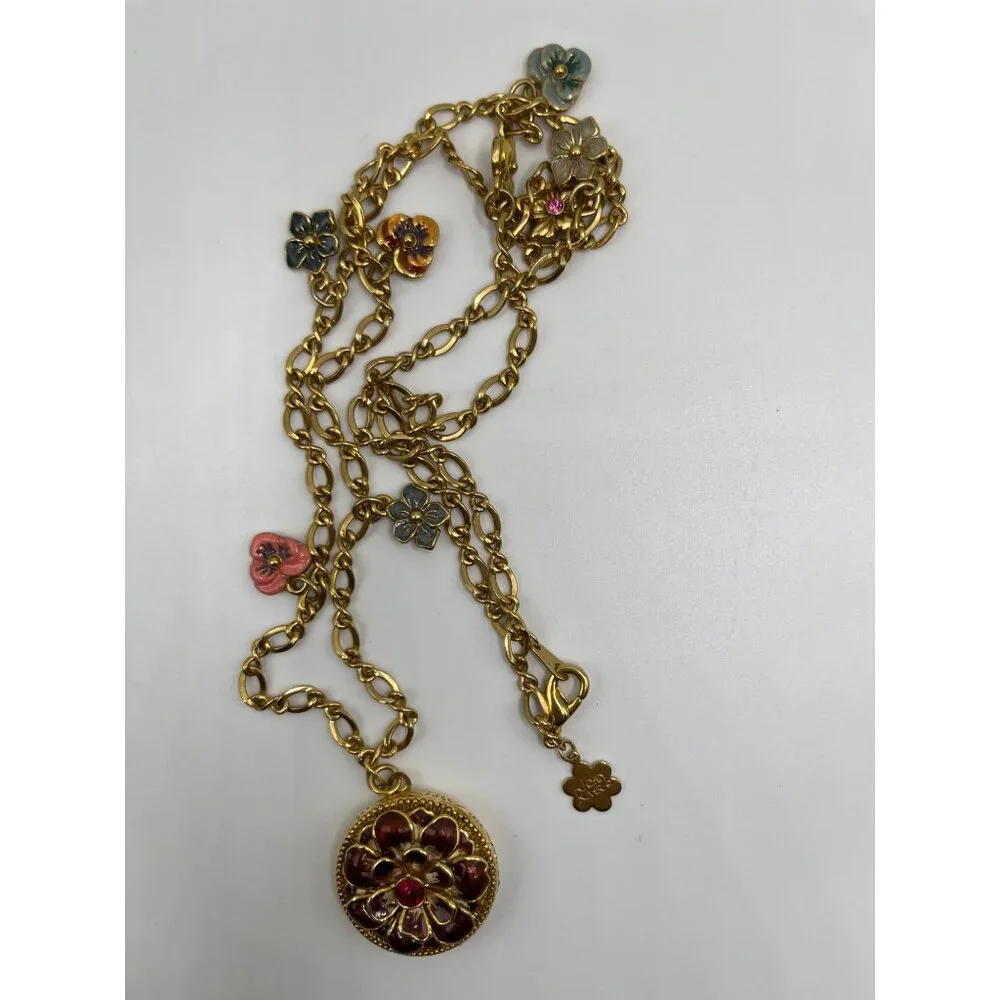 Vtg JOAN RIVERS‎ Victorian Language of Flowers Locket Charm Necklace Gold Enamel